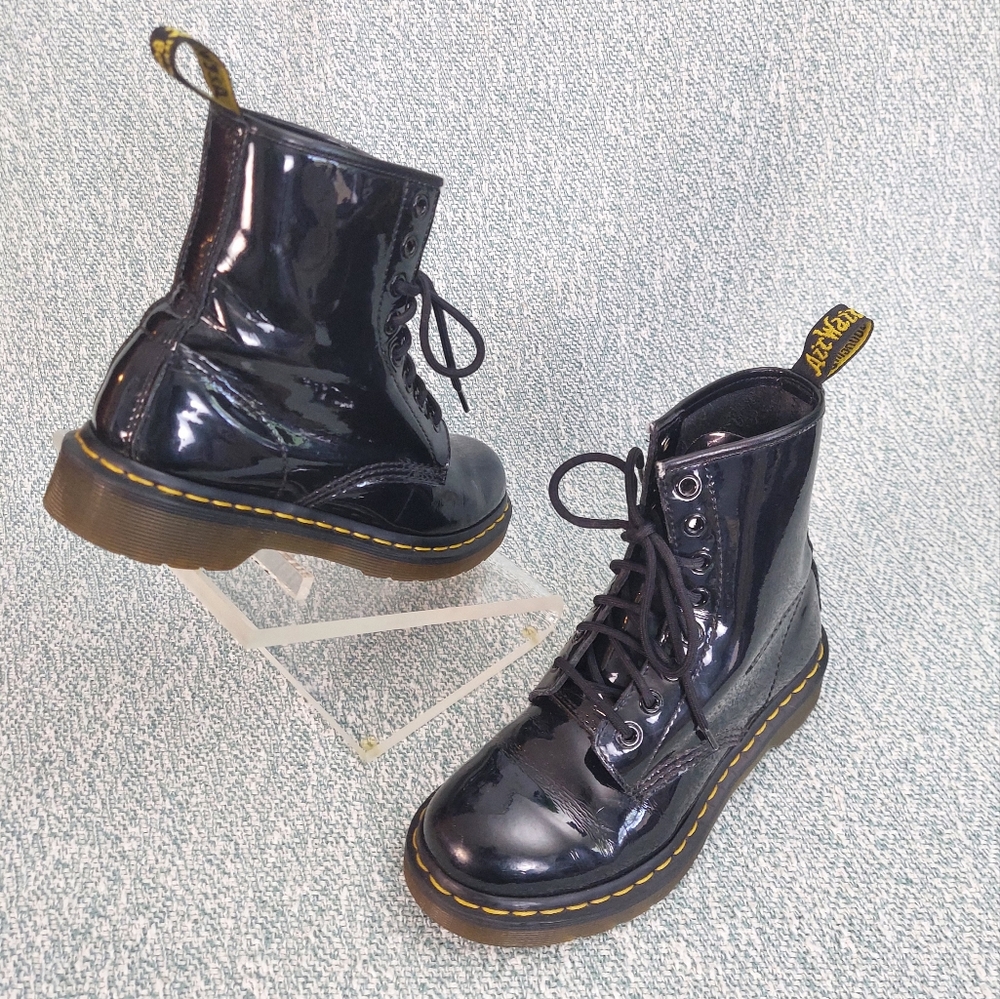 Dr. Martens Black Patent Lace-Up Boots with Yellow Stitching